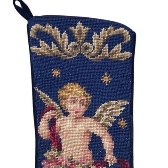 Vtg Imperial Elegance Embroidered Needlepoint Cherub Angel Christmas Stocking - Picture 4 of 8